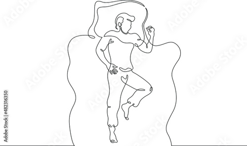 One continuous line.Man sleeps on a pillow under a blanket.Sleeping man sees dreams. Sleeping in bed.Continuous line drawing.Lineart isolated white background.