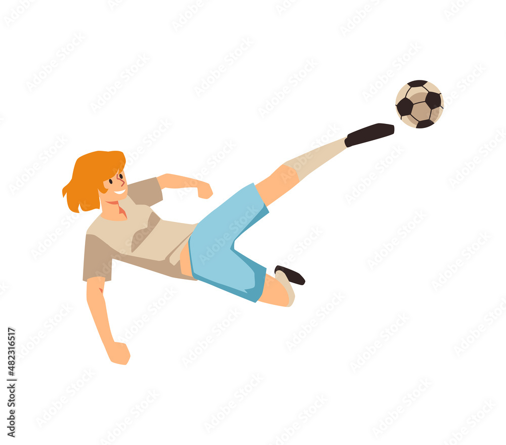 Fototapeta premium Woman soccer player jump and tackle, kick the ball. Women football activity sport, cartoon vector illustration.