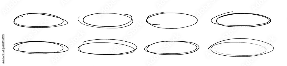 Set of doodle ellipses. Scribble ovals, bubbles to circle and highlight text. Handwriting horizontal ellipses isolated on white background.