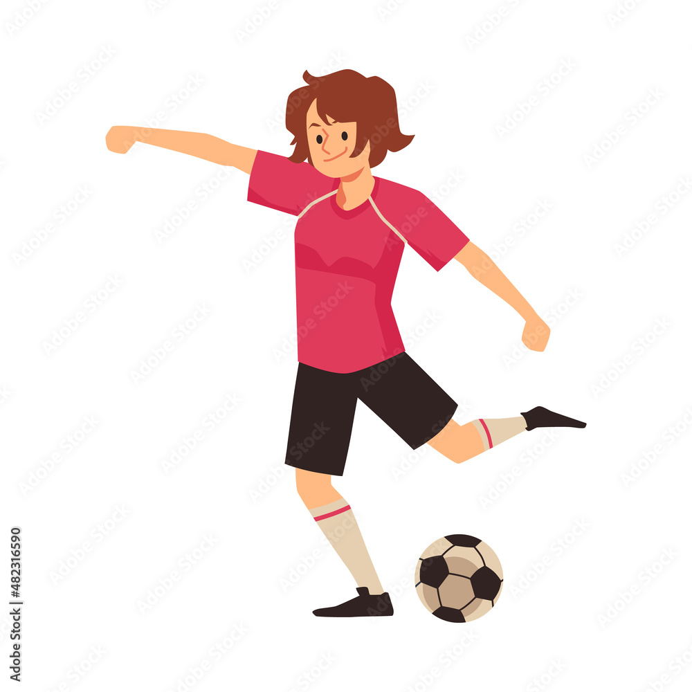 Girl soccer player kick the ball. Women football or soccer sport cartoon avatar. Female kicking the ball and play soccer
