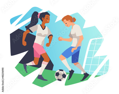 Female soccer players play football, dribble, pass, kick ball in flat vector