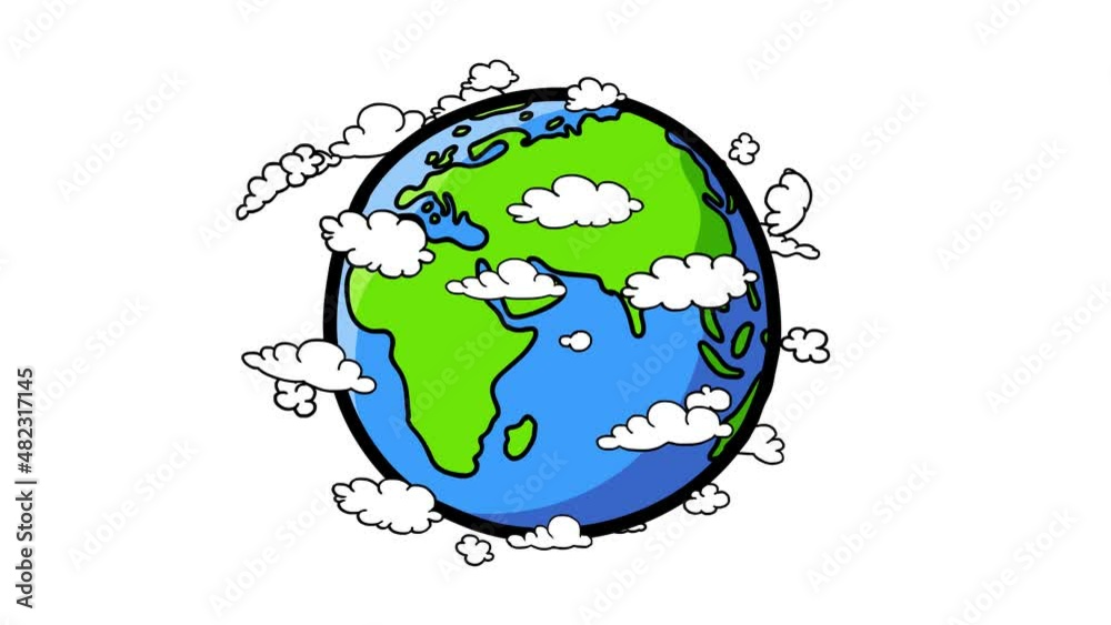 Earth cartoon 2d globe blue and green with black outline flat animation. Rotating linear planet with clouds. Good for modern explainer, educational or business film, titles, etc. Isolated.