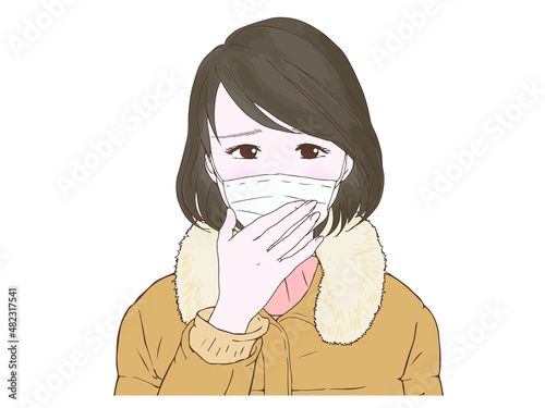 風をひいた女性①口に手