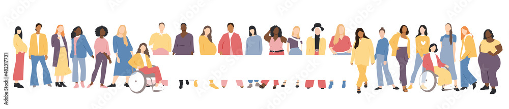 Women of different ethnicities stand side by side together. Flat vector illustration. Banner with place for text. Women of different ethnicities stand side by side together. Flat vector illustration. Banner with place for text.