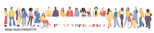 Women of different ethnicities stand side by side together. Flat vector illustration. Banner with place for text.