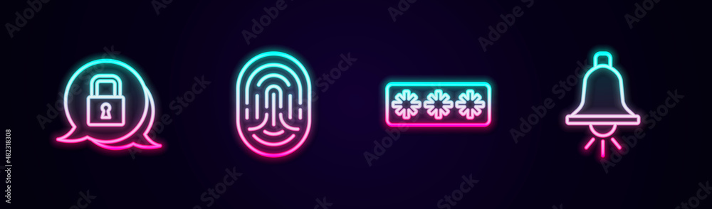 Set line Lock, Fingerprint, Password protection and Ringing alarm bell. Glowing neon icon. Vector Set line Lock, Fingerprint, Password protection and Ringing alarm bell. Glowing neon icon. Vector