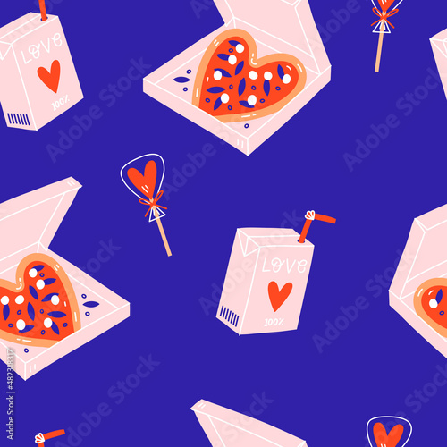 Valentine's Day pizza heart seamless pattern. Romantic dinner. 
