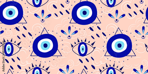 Seamless pattern with greek eye. Blue eyes are a talisman and amulet for protection.Vector illustration in flat style seamless pattern with circles. photo