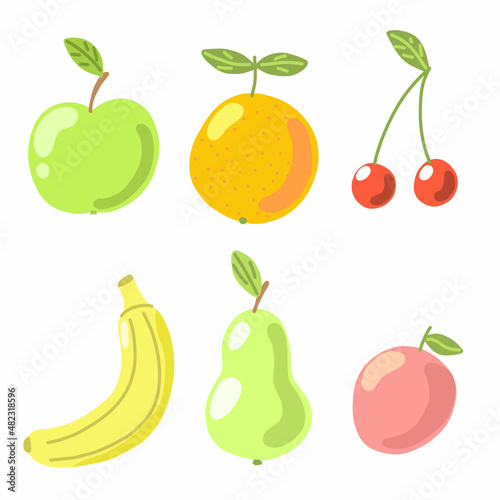 Fruit. Apple, pear, banana, cherry, peach, orange cartoon. Fresh organic products. Stock vector flat illustration in pastel colors.