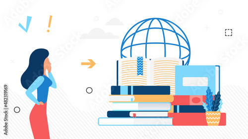 Global learning education system sourcing materials. Stack of intelligence development program books