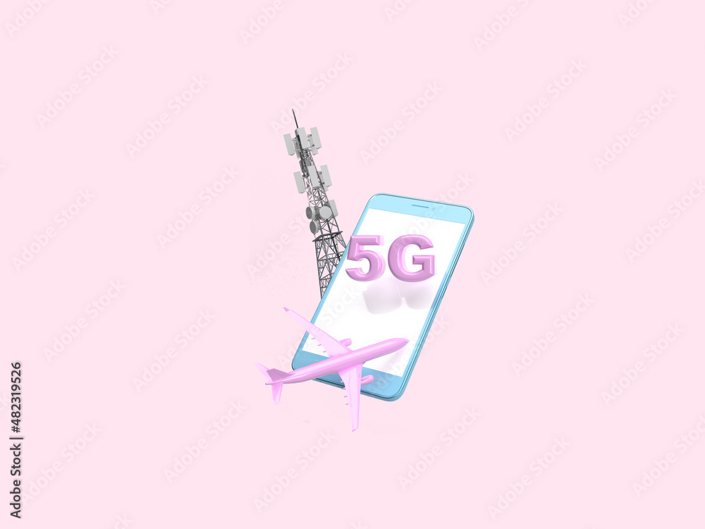 3d render. Transition to 5G. New generation communication and high-speed Internet. Phone and cell tower with 5G sign and airplane 3d render. Transition to 5G. New generation communication and high-speed Internet. Phone and cell tower with 5G sign and airplane