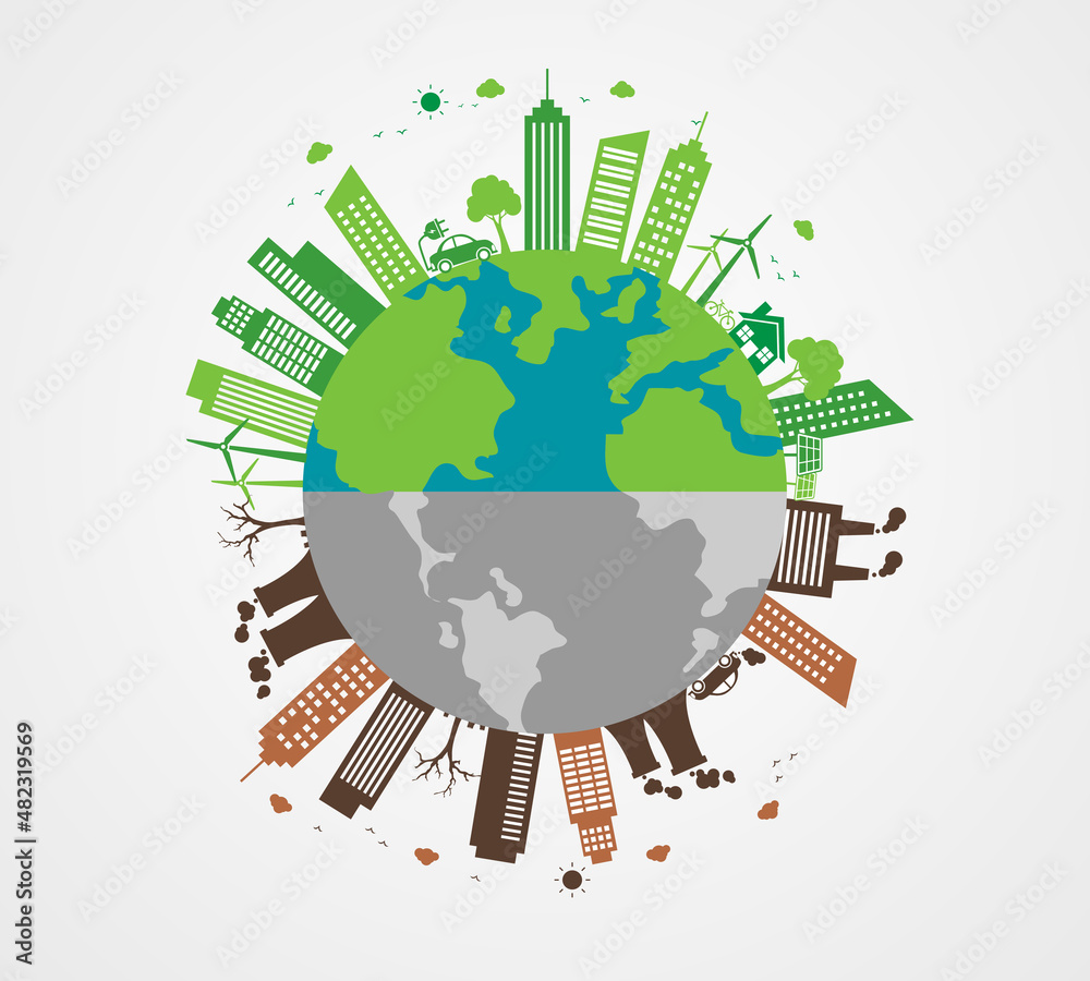 Ecology cityscape pollution and solution concept. Green vs polluted city on earth. world environment day nature save. vector illustration in flat style modern design.