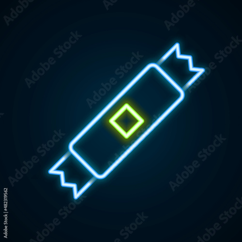 Glowing neon line Sugar stick packets icon isolated on black background. Blank individual package for bulk food products as coffee, salt, spices. Colorful outline concept. Vector