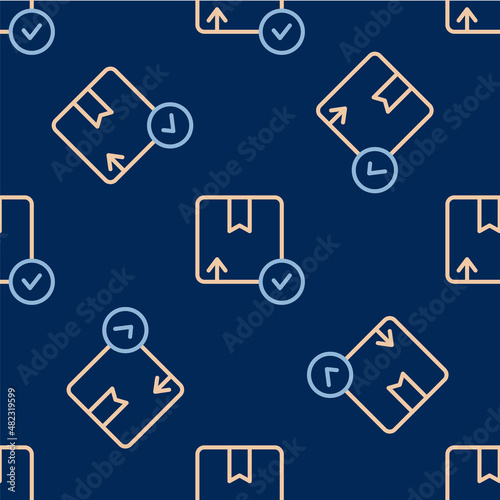 Line Carton cardboard box icon isolated seamless pattern on blue background. Box, package, parcel sign. Delivery and packaging. Vector