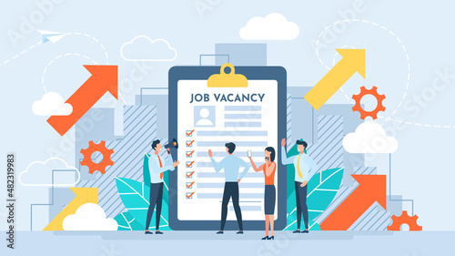 Job vacancy. Hr agency. Job hiring, online recruitment. Tiny people character. Applicants queue for consideration. Agency interview. Job search metaphor. Hiring concept. Vector flat illustration.