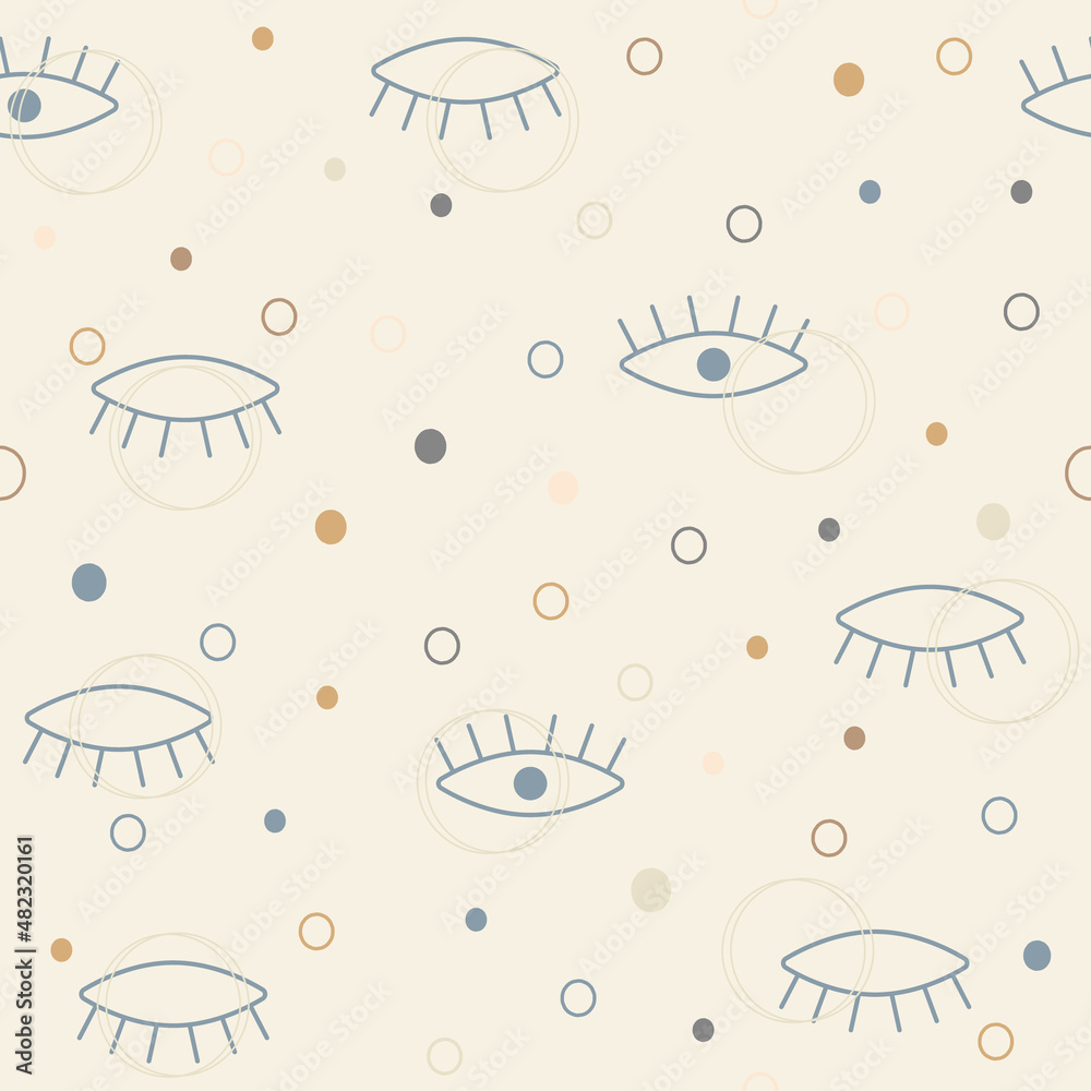 Vector hand drawn eye doodles seamless pattern on beige background, modern design, geometric shapes Vector hand drawn eye doodles seamless pattern on beige background, modern design, geometric shapes