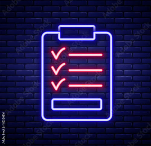 Glowing neon line Clipboard with checklist icon isolated on brick wall background. Control list symbol. Survey poll or questionnaire feedback form. Colorful outline concept. Vector