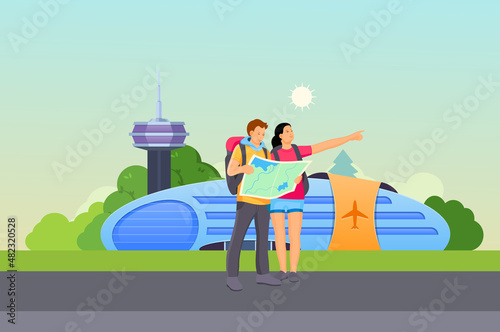 Tourists people group man woman couple hiking.