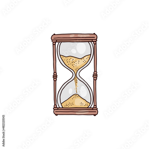 Old and vintage hourglass with sand in colored doodle style, vector illustration isolated on white background.