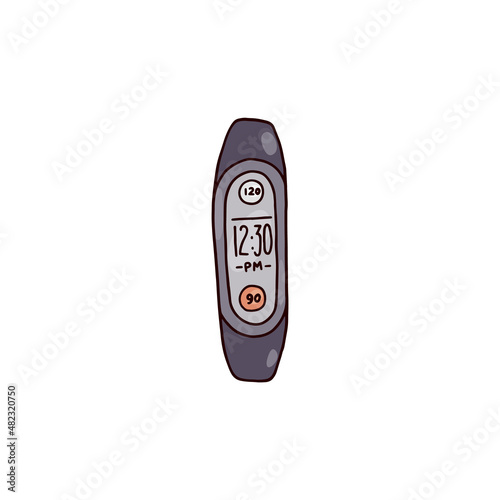 Smartwatch electronic timepiece, colored doodle vector illustration isolated.