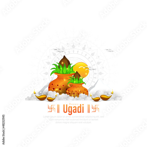 Happy Ugadi Greeting Card Background With Kalash.