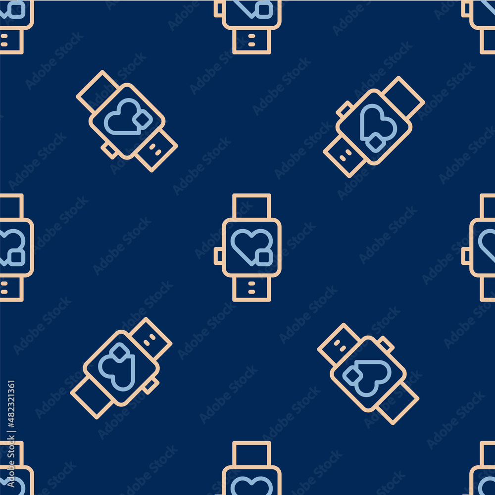 Line Smart watch showing heart beat rate icon isolated seamless pattern on blue background. Fitness App concept. Vector
