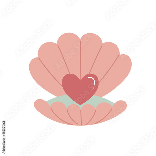Cute pink seashell with a heart-shaped pearl, wild underwater animals, shellfish. Flat vector illustration isolated on white background.
