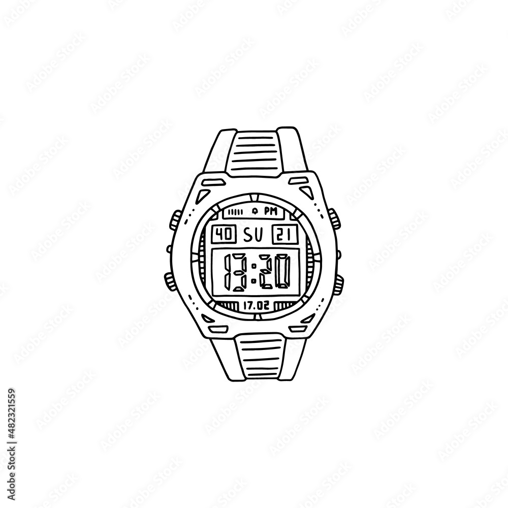 Wrist watch with chronometer display, doodle style vector illustration isolated.