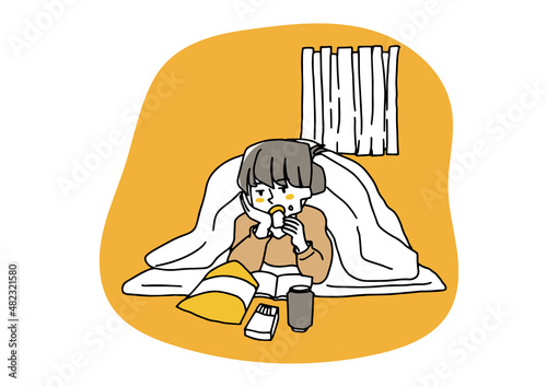 布団に入ったまま１日を過ごす女性　コミカルな手書きの人物　ベクター、線画にシンプルな色つけ　