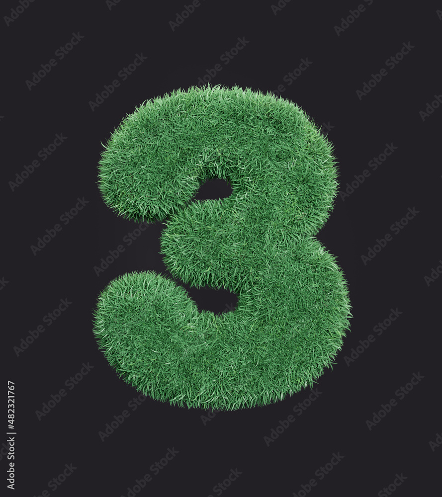 Grass number three. Eco symbol 3 withthe green lawn texture, isolated grassy digit, 3d rendering Grass number three. Eco symbol 3 withthe green lawn texture, isolated grassy digit, 3d rendering