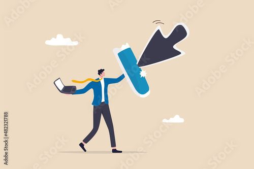 Cyber attack protection, guarding from internet hacker, computer security system or privacy firewall concept, strong businessman holding shield to protect from big mouse pointer to attack his computer