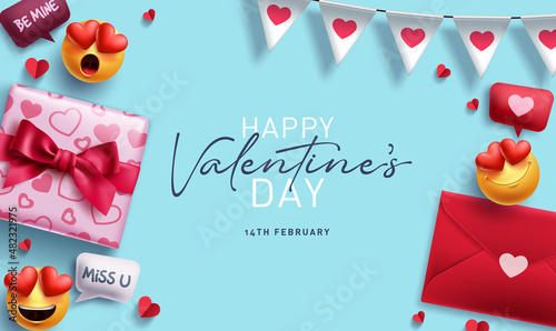 Happy valentine's day vector background design. Valentine's day greeting card with love letter, gift and emoji decoration elements. Vector illustration. 
