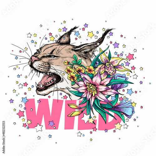Cute cartoon wild cat head in a floral wreath. Beautiful predator with flowers and stars. Stylish image for printing on any surface