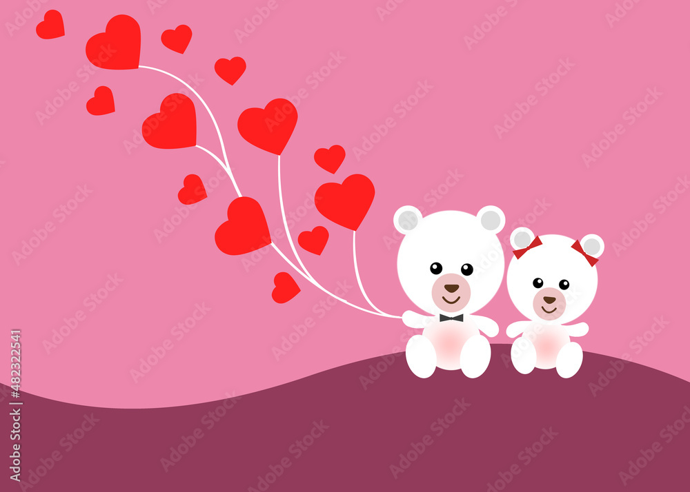 illustration of polar bears with hearts like balloons, with space for text, for a postcard for Valentine's day.  layout for designing story posts of sites.