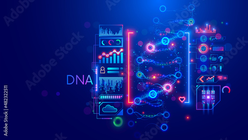 DNA strand analysis. medicine technology concept. research of genetic molecular helix. Data Scientist in medicine. Dna sequencing. Medical tech interface with data of patient. Dna spiral genome exam.