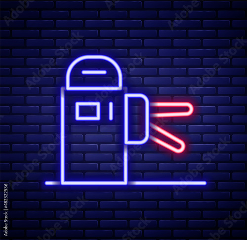 Glowing neon line Turnstile icon isolated on brick wall background. Colorful outline concept. Vector