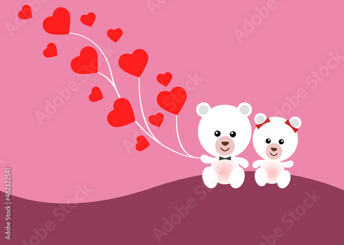 illustration of polar bears with hearts like balloons, with space for text, for a postcard for Valentine's day.  layout for designing story posts of sites.