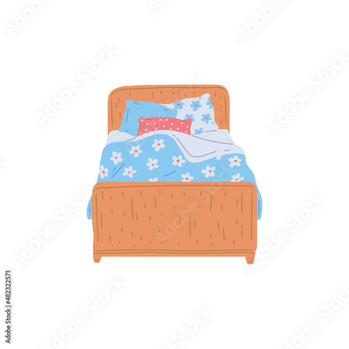 Wooden bed with pillows and cute bedclothes, flat vector illustration isolated.
