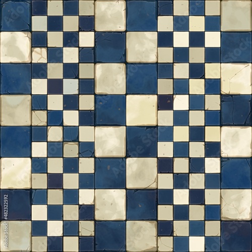 Cartoon cracked floor tiles. Ground wall tiles background, ancient old mosaic © Koxae