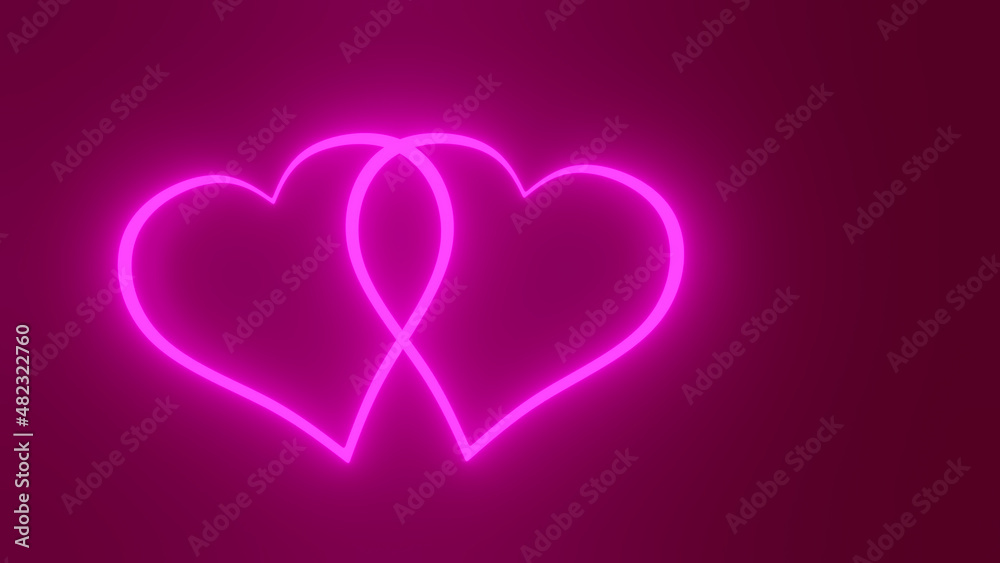 Couple celebrating Valentine's Day concept. Two neon heart shape on purple background. 3D rendering