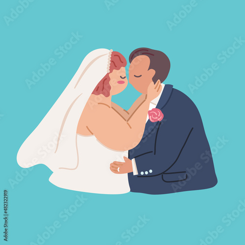 Plus size and overweight Bride and groom. Happy couple on wedding celebration, marriage concept. Flat cartoon vector illustration on blue background.