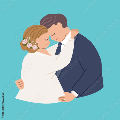 Plus size and overweight Bride and groom. Happy couple on wedding celebration, marriage concept. Flat cartoon vector illustration on blue background.
