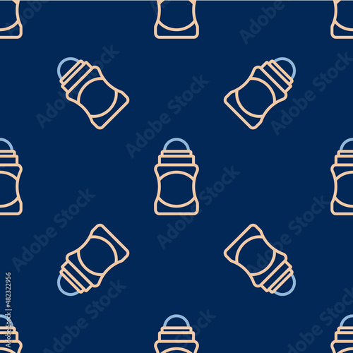 Line Antiperspirant deodorant roll icon isolated seamless pattern on blue background. Cosmetic for body hygiene. Vector