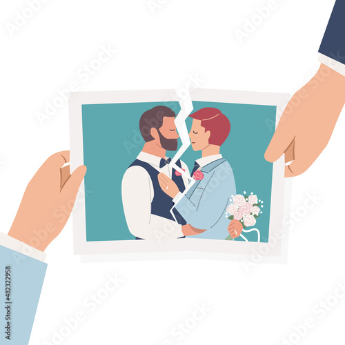 Gay couple hands tear apart wedding photo on white background. LGBT Break up and divorce concept. Flat vector cartoon illustration.