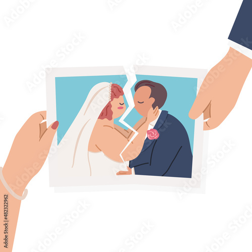 Wife and husband hands tear apart wedding photo on white background. Break up and divorce concept. Flat vector cartoon illustration.