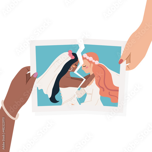 Lesbian couple hands tear apart wedding photo on white background. LGBT Break up and divorce concept. Flat vector cartoon illustration.