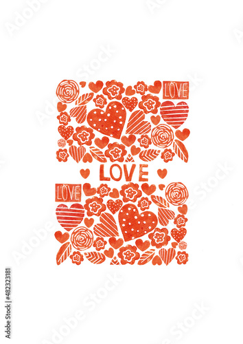 Textured symbols of love and recognition are red. Illustration on a white background. Linocut. Hand-printed.A postcard for Valentine's Day, a wedding, a declaration of love.