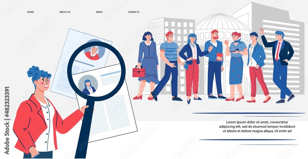 Recruitment and job search, Human Resources website banner template. Headhunter or HR manager searching company employees banner for webpage or UI, cartoon flat vector. Recruitment and job search, Human Resources website banner template. Headhunter or HR manager searching company employees banner for webpage or UI, cartoon flat vector.