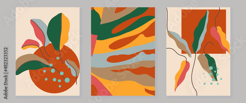 Abstract art leaf background vector. Organic abstract art style wallpaper with leaves and floral pattern, paint splatter watercolor in warm colors design for poster, cover, wall art, packaging design.