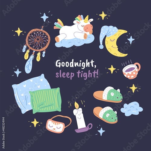 Good night, sleep tight lettering phrase card, flat vector illustration.